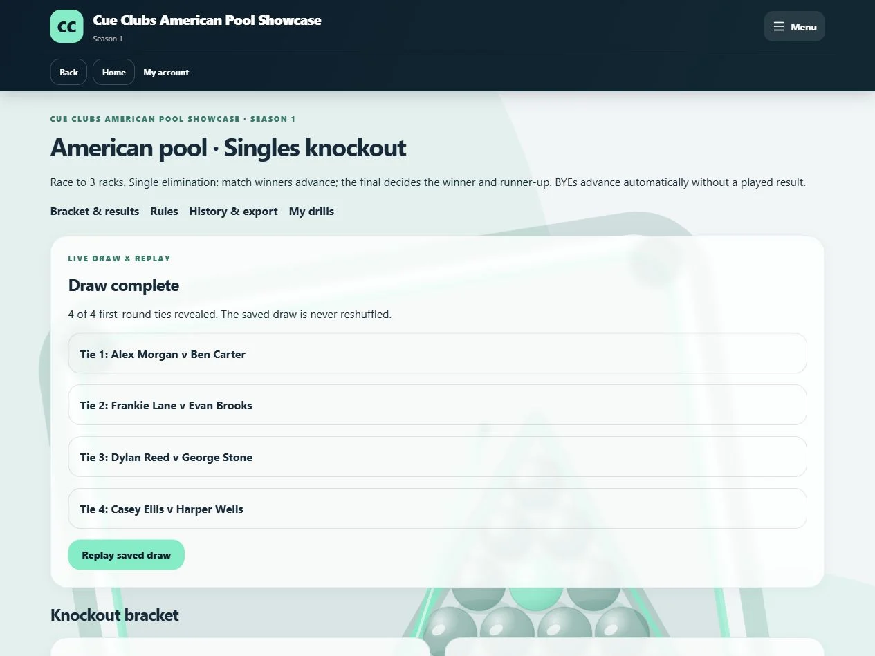 A race-to-three-racks competition with a saved draw and knockout bracket.