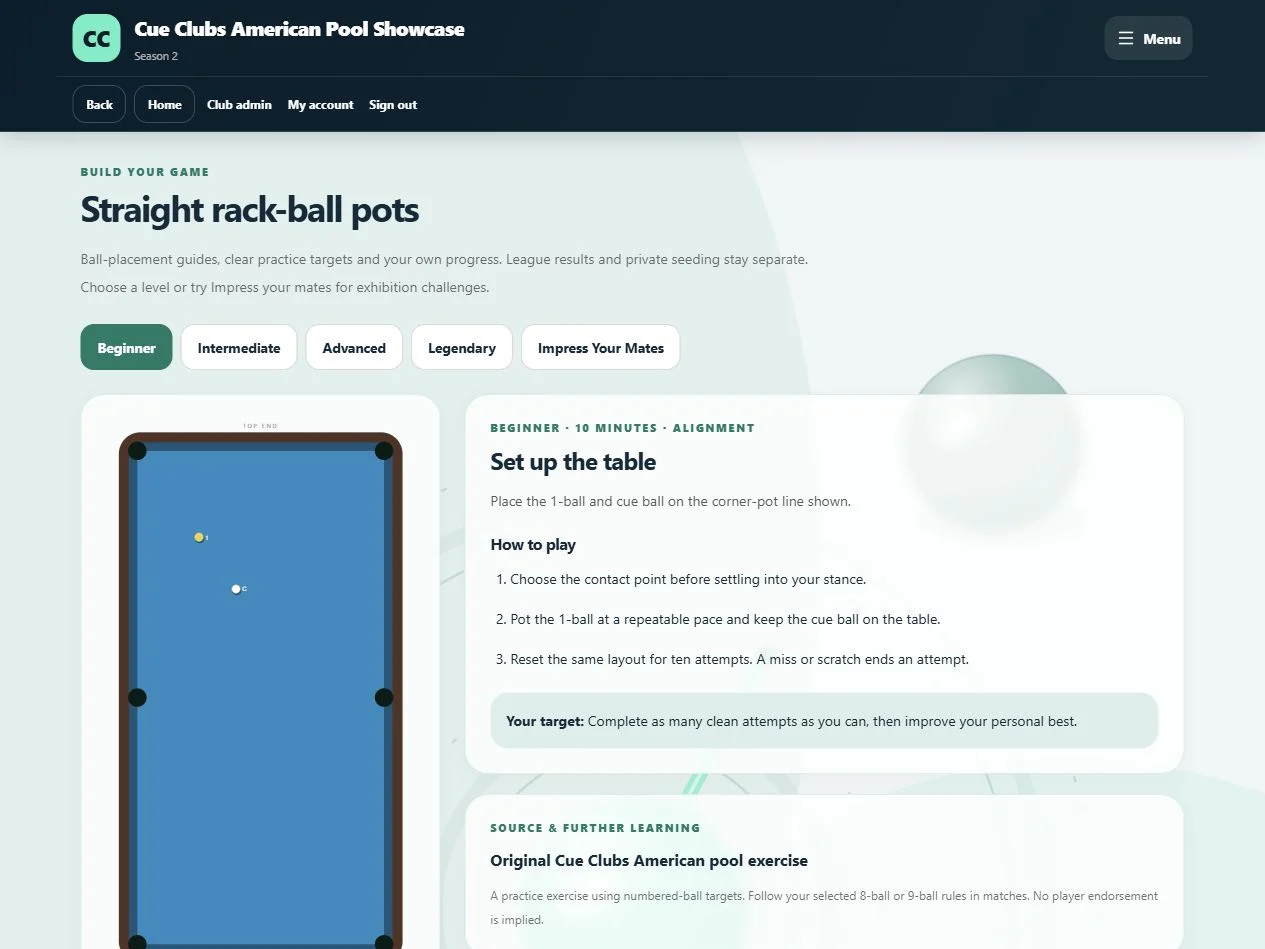 Numbered-ball practice with a table diagram, clear targets and a saved personal best.
