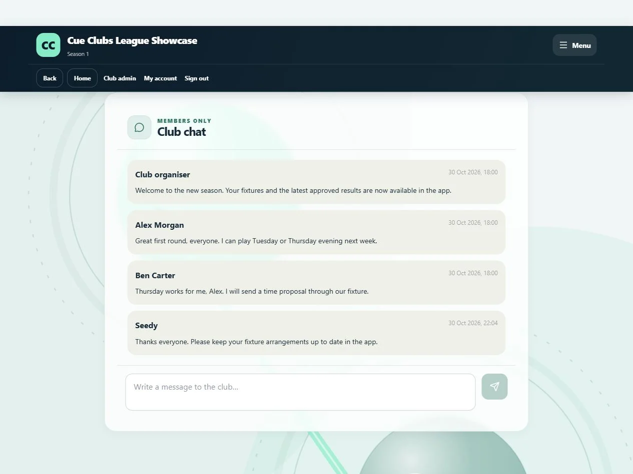 Club updates and match arrangements stay together in a members-only conversation.
