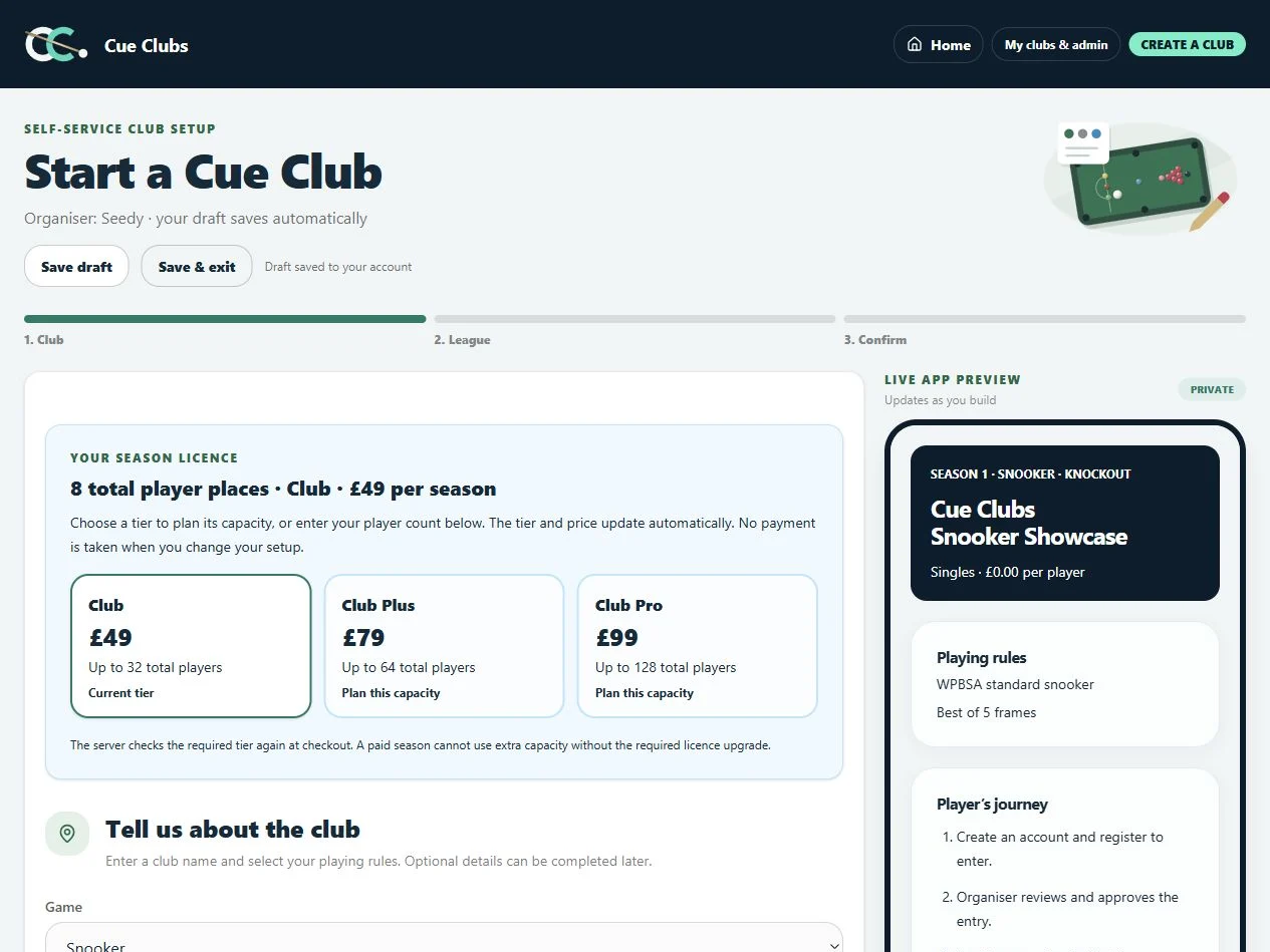 Choose the club identity, sport and knockout format while previewing the player app.