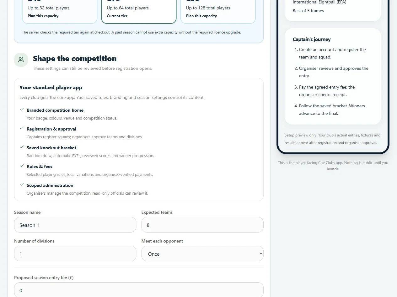 Configure the team competition, selected EPA rules, match format and practice options.