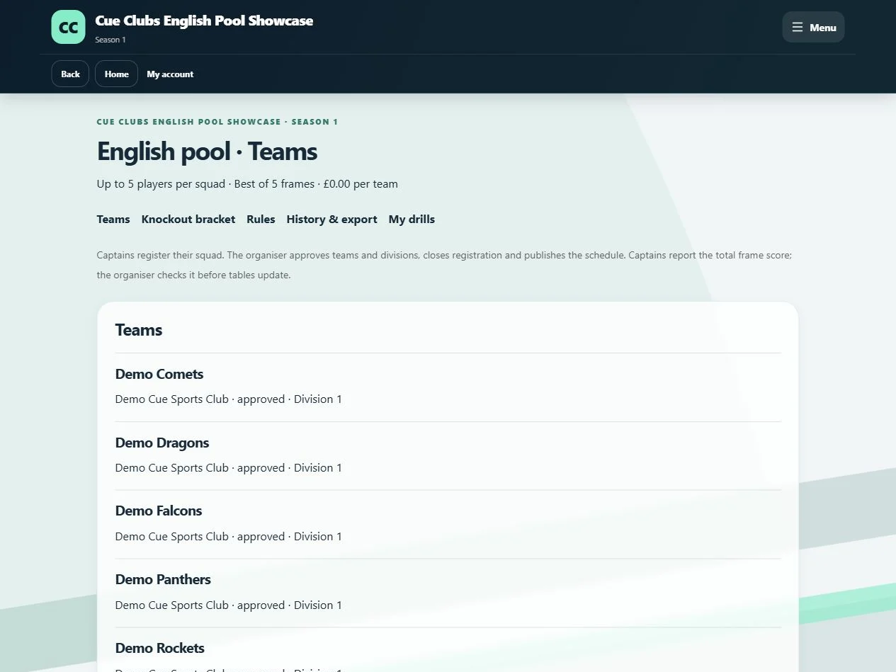 Approved teams, the knockout bracket and frame results in the English pool app.
