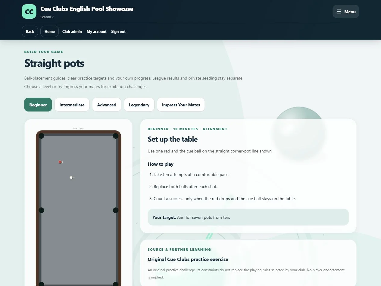An English pool drill with setup instructions and personal practice progress.