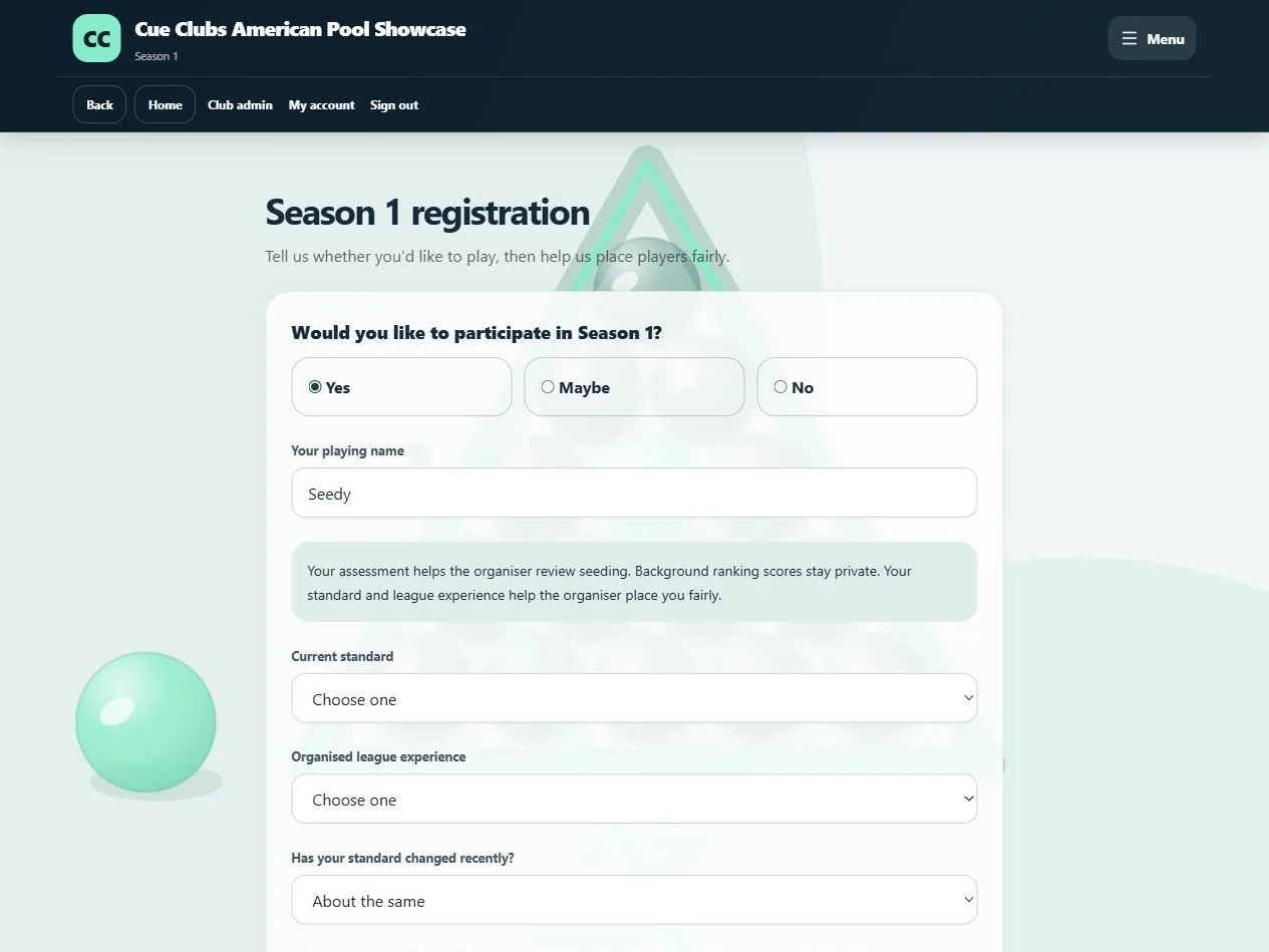 Players enter a playing name and experience details for the organiser to review.