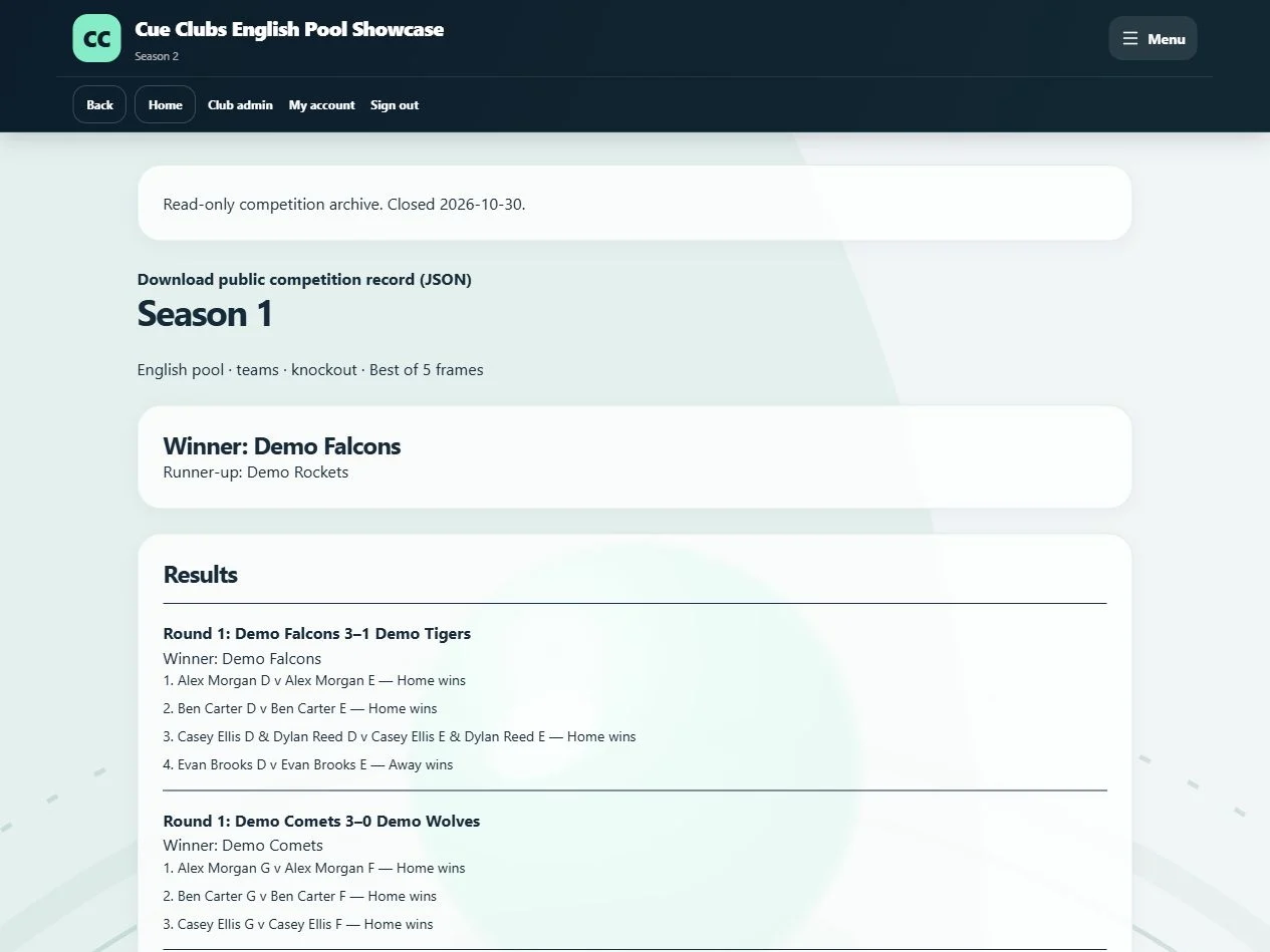 Revisit the saved winner, runner-up, approved results, frame cards and playing rules after a competition closes.