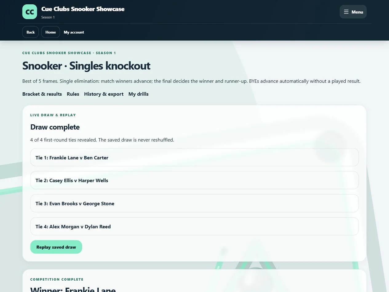 The saved draw, approved results and competition winner together in the snooker app.