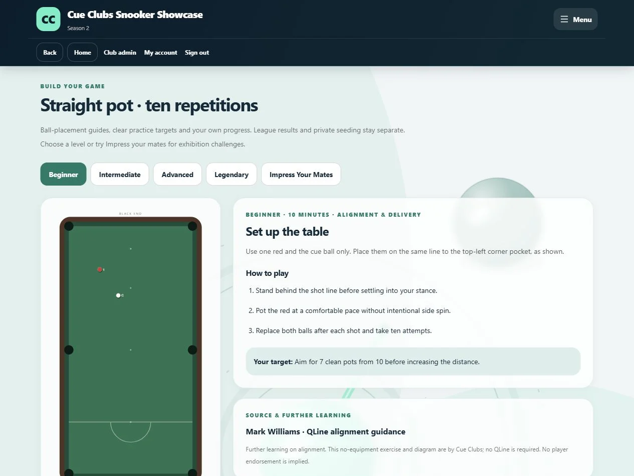 A snooker drill with a placement guide, instructions and private personal-best tracking.